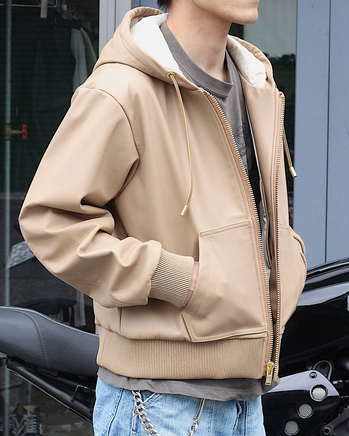 A LEATHER / ZIP HOODY